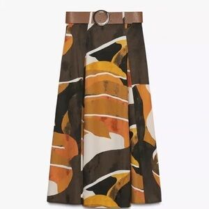 ZARA Cotton Poplin Geometric Print Belted Skirt. M NWT